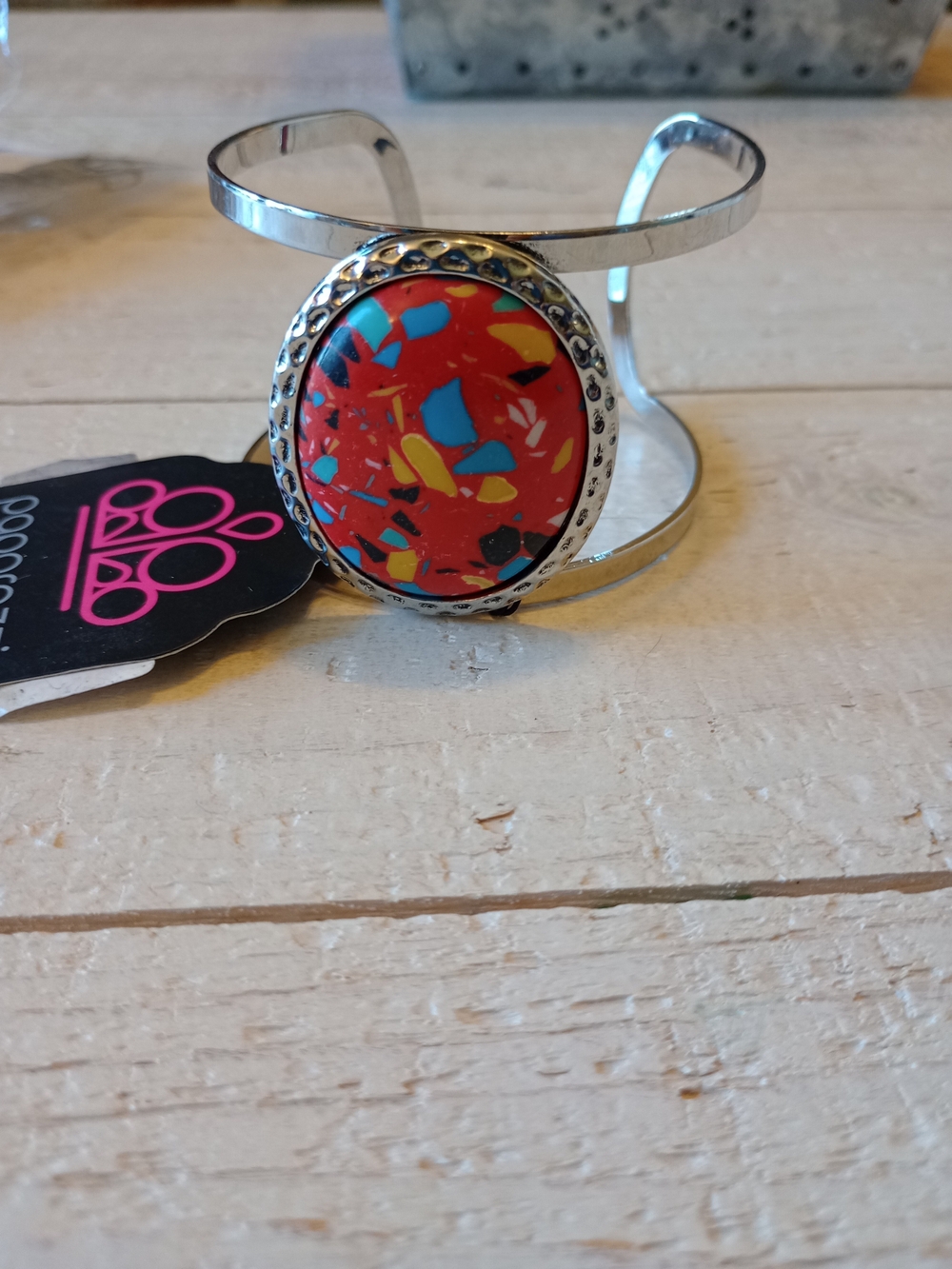paparazzi Red Confetti Cuff Bracelet with Blue and Yellow Accents